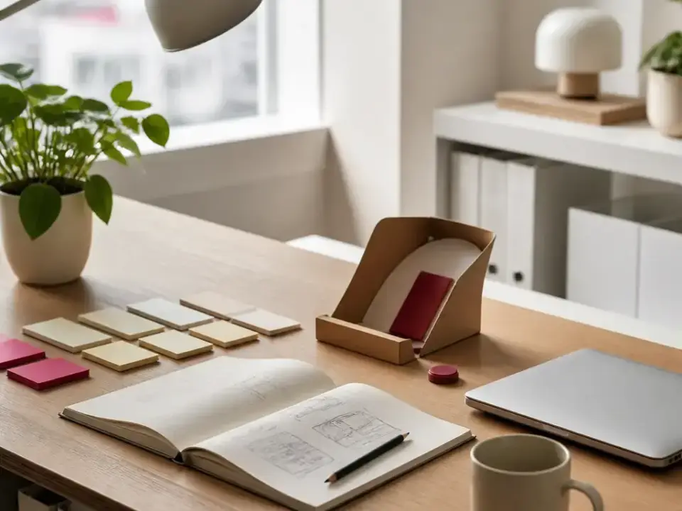 Bureau de créateur avec un carnet de croquis, une maquette en carton et des notes autocollantes