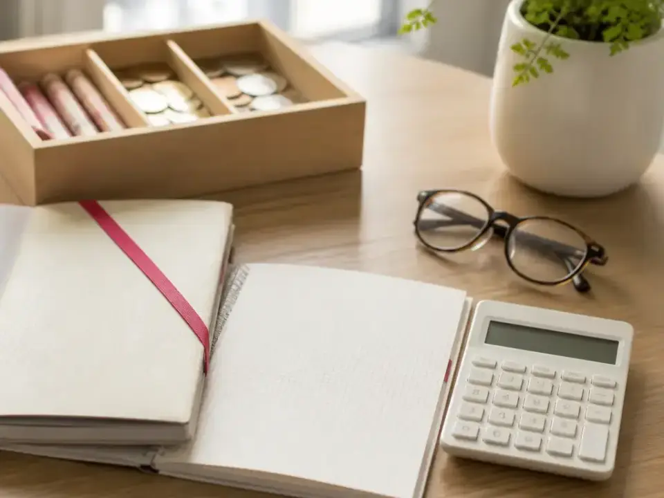 Carnet de comptes, calculatrice et boîte de pièces sur une table de travail