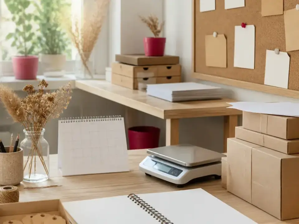 Plan de travail d’atelier avec carnet de commandes, balance, étiquettes et cartons d’expédition
