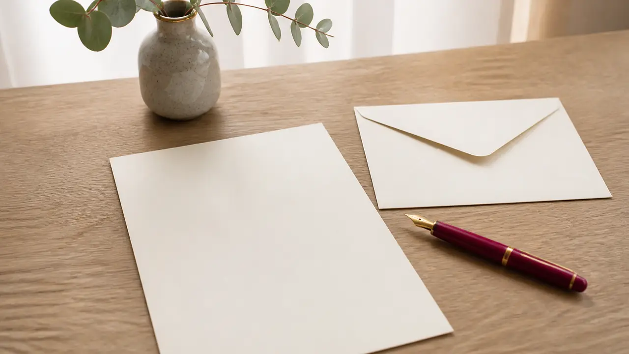 Papier à lettres, enveloppe et stylo-plume sur une table en bois clair