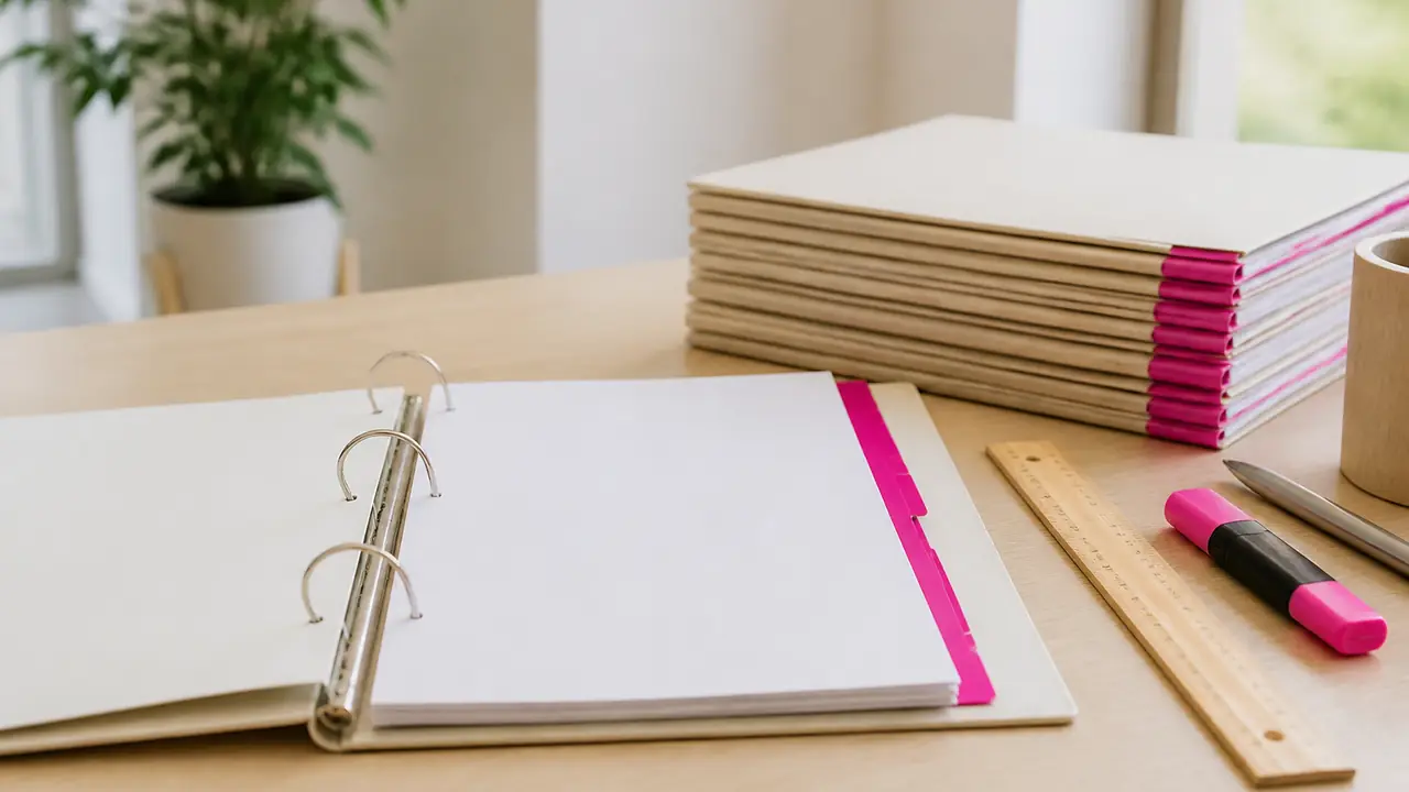 Classeur ouvert sur des fiches, surligneur, stylo et règle en bois sur un bureau clair