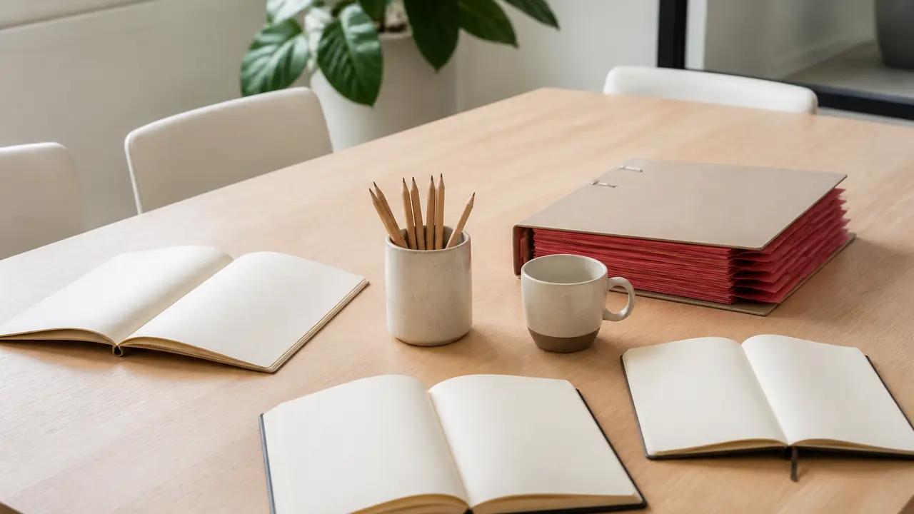 Table de rédaction avec des carnets, un classeur à intercalaires roses et des crayons