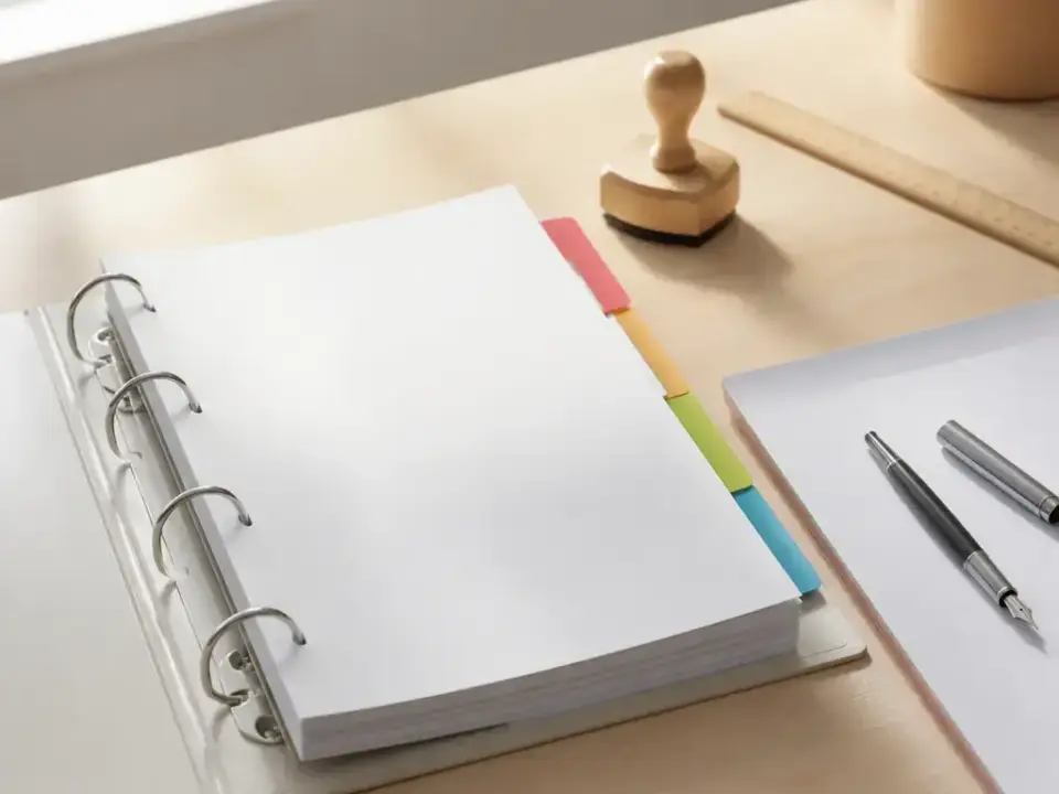 Classeur à intercalaires colorés, stylo-plume, formulaire vierge et tampon encreur sur un bureau